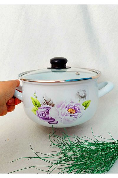 EBRULİEMAYE Purple Rose Small Size Enamel Pot 2 Liter 18 cm Milk Yogurt Soup Stew Pot