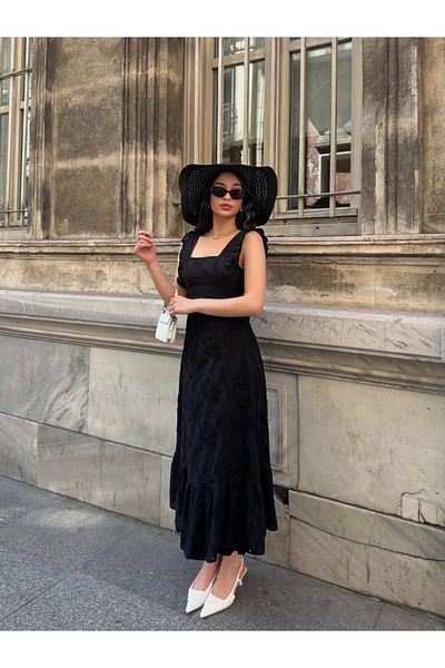 Viskosa Lace Midi Dress Women, Ruffled Strap Square Neck Stylish Summer Dress, Fashion