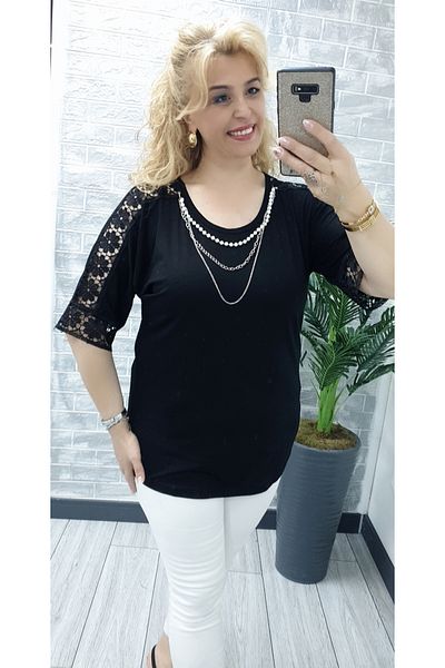 Esina Women's Lace and Pearl Necklace Detailed Half Sleeve Viscose Blouse