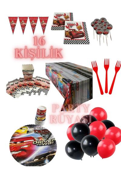 partyrüyası Cars Cars Themed Birthday Set for 16 People with Streamers