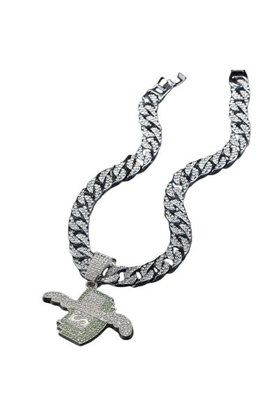 Tessero Lant Cuban Chain cu pandantiv in forma de dolar cu aripi, pietre zirconiu, placat cu aur 18K, lungim