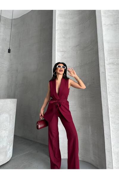 Neba Boutique Kadın Kuşaklı Bordo Yelek Pantolon Takımı