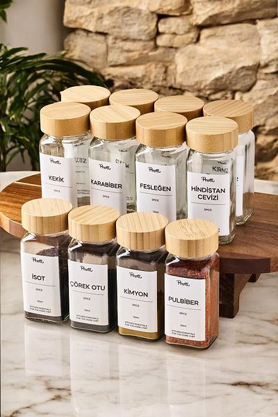 LUMİNA 6-Piece Bamboo Lid Square Glass Spice Rack Set / with Tag Gift / 6-Piece Spice Rack Set