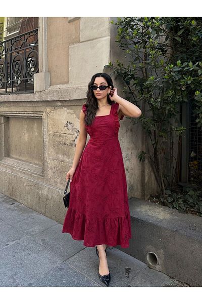 Viskosa Lace Midi Dress Women, Ruffled Strap Square Neck Stylish Summer Dress, Fashion