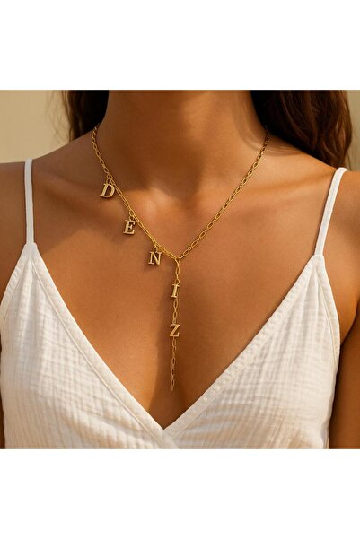 derokas Paslanmaz Çelik Harfli Kişiye Özel Trend Zincir Kolye Gold