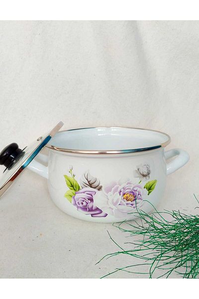 EBRULİEMAYE Purple Rose Small Size Enamel Pot 2 Liter 18 cm Milk Yogurt Soup Stew Pot
