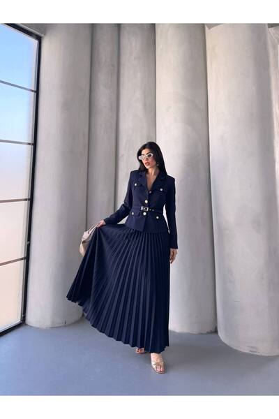 Neba Boutique Kadın Kemerli Lacivert Ceket Etek Takımı