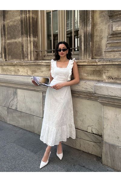 Viskosa Rochie Midi din Dantela Femei, Rochie de vara eleganta cu guler patrat cu bretele cu volane, Moda