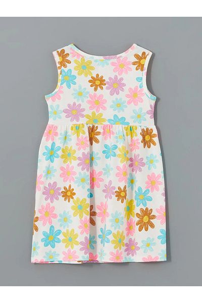 LC Waikiki Lc Ecru Crew Neck Printed Girl's Combed Cotton Dress Lc Outlet