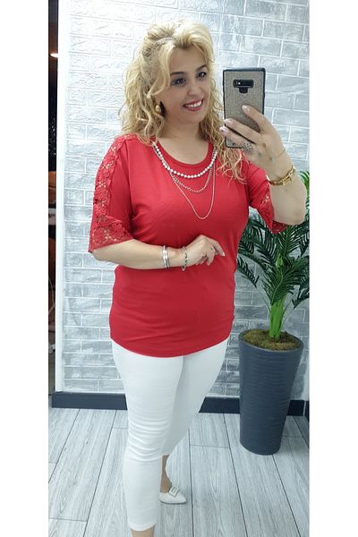 Esina بلوزة نسائية من الدانتيل واللؤلؤ بتفاصيل نصف كم من الفسكوز