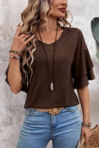 Mossta Μπλούζα από βισκόζη με άνετη εφαρμογή V-λαιμόκοψη - Καφέ