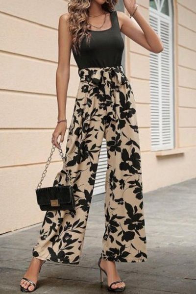 Mossta Floral Patterned Belted Wide Leg Jumpsuit - Black