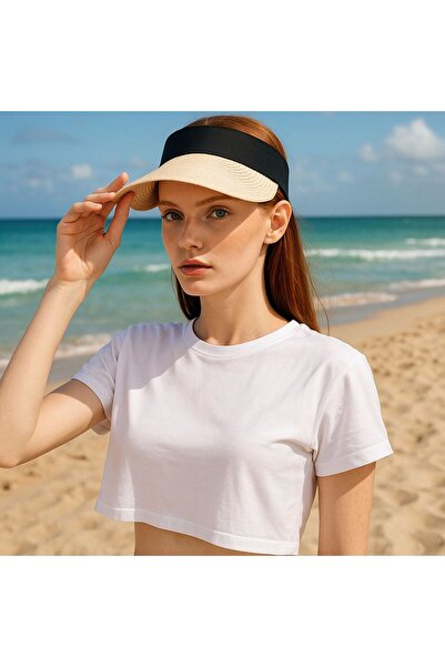 AKMNY BOUTIQUE Krem Katlamalı Hasır Vizör Şapka