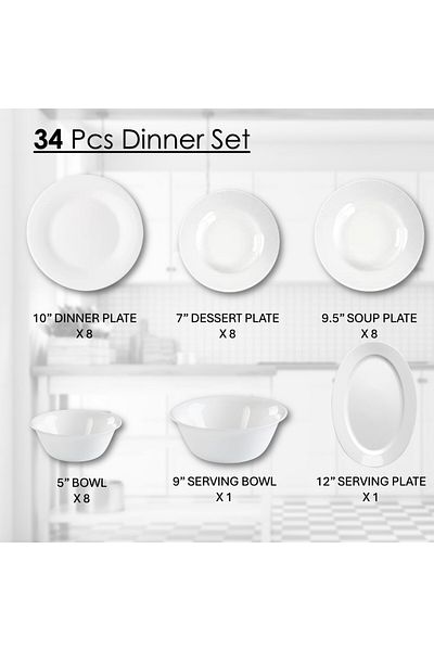 Houzi 34 Pcs Opal ware Dinner set Dinner, Soup Dessert plate Bowls Serving bowl Serving plate