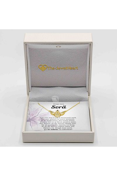 The Jewel Heart Colier Cadou Argint 925 Cu Mesaj Pentru Soră, Cutie LED Premium, Placat cu Aur 14K
