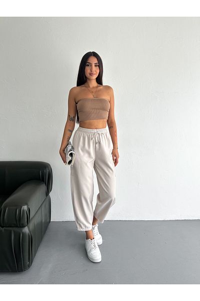 diaves Women's Cream Side Pocket High Waist Woven Fabric Ha Pants