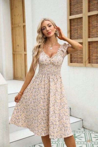 Mossta Short Sleeve Floral Patterned Gathered Detailed Single Jersey Dress - Beige