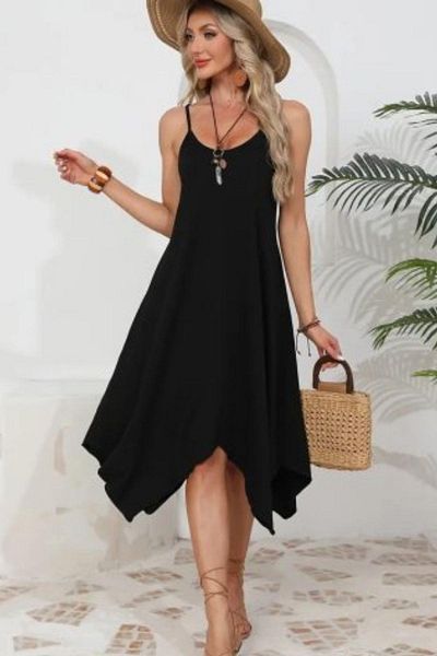 Mossta Asymmetrical Cut Viscose Dress with Rope Strap - Black