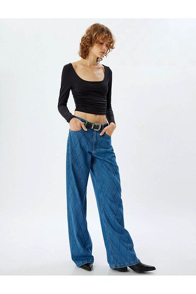 Koton Stoned Wide Leg Indigo Women's Jean Trousers 5Wal40155Md