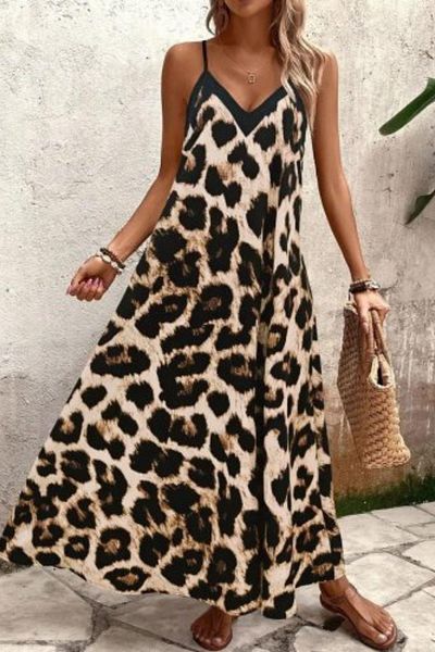 Mossta V-Neck Strap Leopard Print Long Single Jersey Dress - Leopard