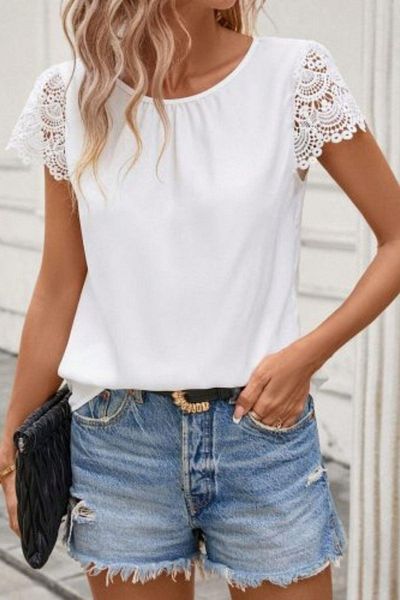 Mossta Lace Sleeve Crew Neck Sandy Blouse - White