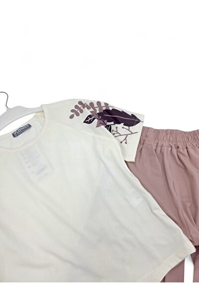 Ege Bebek Girl's Summer Flower Printed Shirt Wide Leg Capri 8-12 Years Compact Bottom Top Set