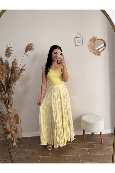 DUSOHOME Fusta maxi premium în două culori cu efect de zdrobire Textura șifonată Fusta galbenă Crem galben Culoare