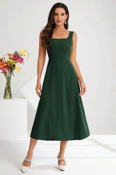 Mossta Square Neck Midi Length Crepe Dress - Green