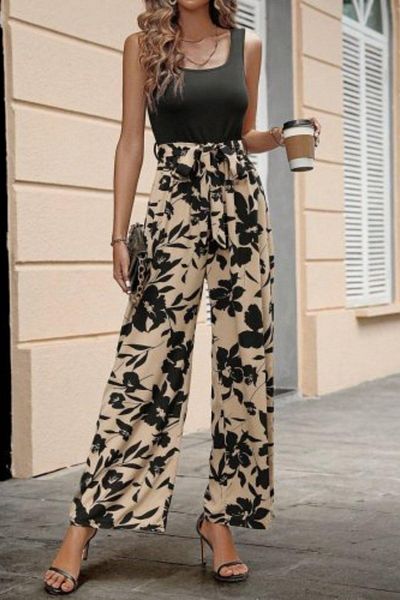 Mossta Floral Patterned Belted Wide Leg Jumpsuit - Black