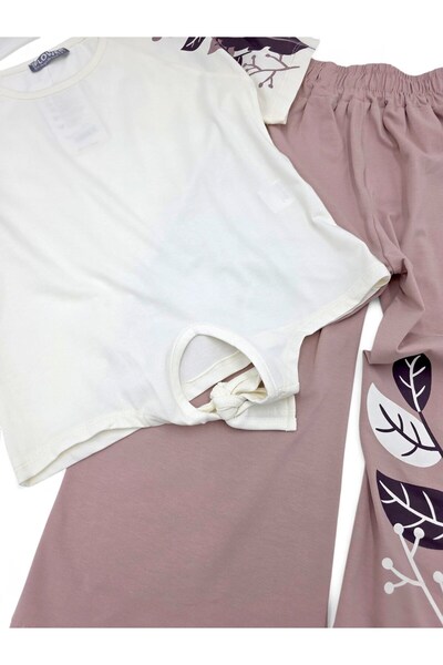 Ege Bebek Girl's Summer Flower Printed Shirt Wide Leg Capri 8-12 Years Compact Bottom Top Set