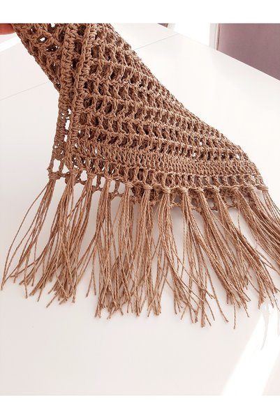 Goshıkı Hand Knitted Tasseled Runner Brown Paper Rope 35X150Cm