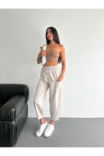 diaves Women's Cream Side Pocket High Waist Woven Fabric Ha Pants