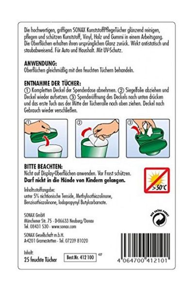 Sonax Șervețele umede de curățare din plastic, 25 buc.