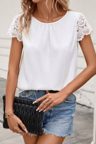 Mossta Lace Sleeve Crew Neck Sandy Blouse - White