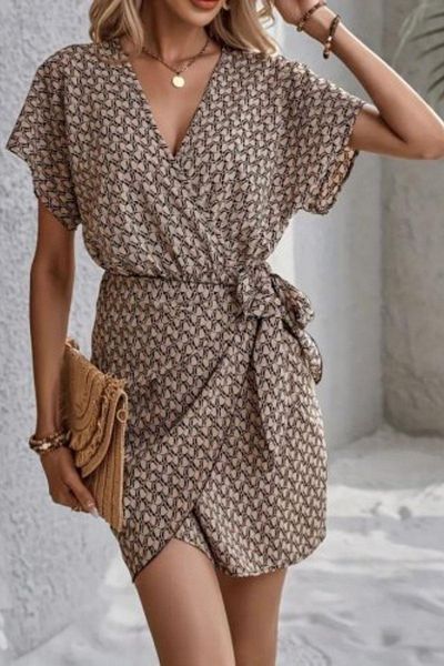 Mossta Double Breasted Collar Tie Detailed Single Jersey Dress - Patterned