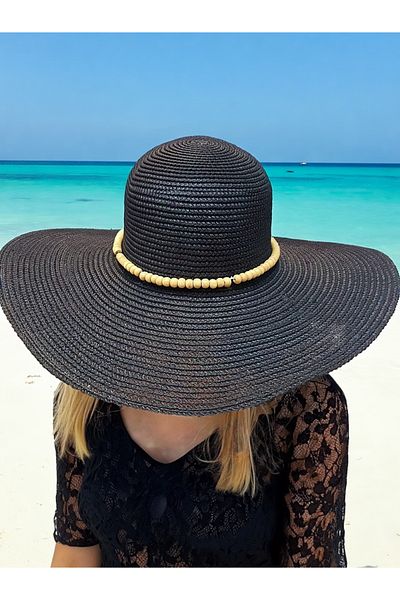 LAGRANZE Women's Bead Decorated Wide Brim Straw Beach Hat