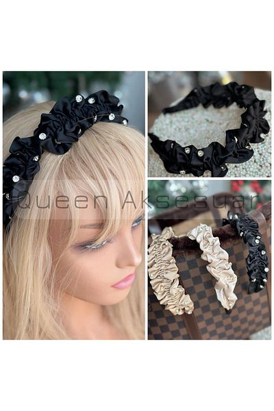 QUEEN AKSESUAR Trend Luxury Design Crystal Stone Gathered Ruffled Wide Satin Women's Crown Coffee Black Crown
