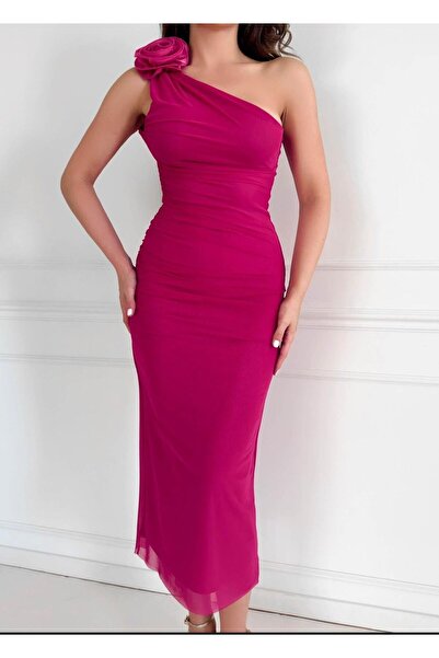 maf collection Kadın Bordo Tek Omuz Çıkabilir Çiçek Broşlu Tül Midi Boy Abiye Mezuniyet Elbisesi