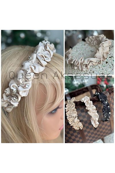 QUEEN AKSESUAR Trend Luxury Design Crystal Stone Gathered Ruffled Wide Satin Women's Tiara Cream Color Beige Crown