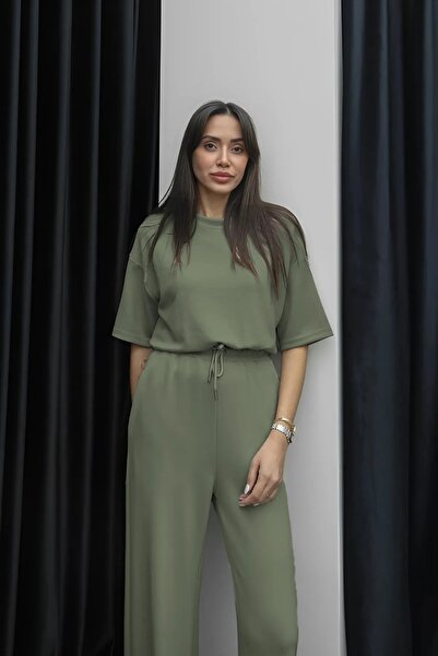 BARLİZ بدلة نسائية من القطن الممشط بأكمام قصيرة وخصر عالي