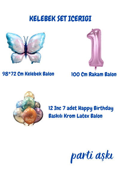 PARTİ AŞKI 2 Yaş Büyük Mavi Lila Kelebek 3'lü Balon Seti & Kız Çocuk Bebek Konsept Doğum Günü Parti Balonu