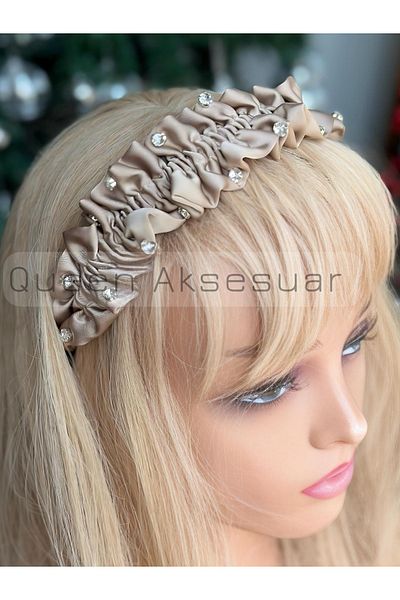 QUEEN AKSESUAR Trend Luxury Design Crystal Stone Gathered Ruffled Wide Satin Women's Crown Coffee Beige Color Crown