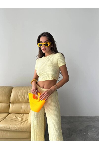 BE CHİC Women's High Waist Flexible Flare Pants and Cycling Collar Crop 2-Piece Set Tkm1000