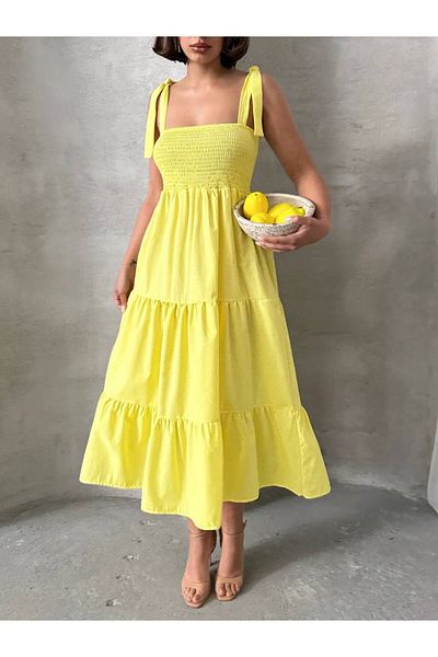 BE CHİC Women's Straped Giped Poplin Fabric Daily Daily Basic Sleeves Long Maxi Dress Gt4467