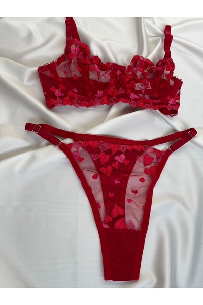 Pijamacs Red Heart Patterned Bralet Set Bra Set