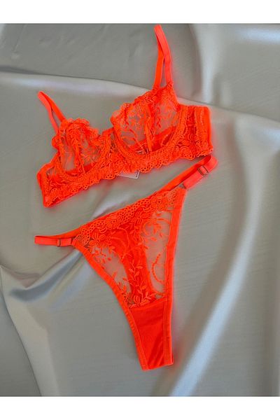 Pijamacs Set sutien cu model floral portocaliu neon