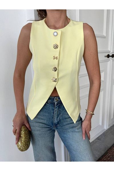 BE CHİC Women's Brooch Button Detail Lined Woven Vest Gt5790