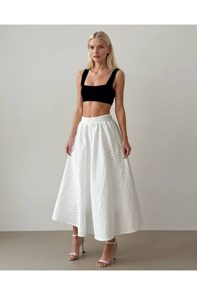 İLKCET MODA Eyelet Detail Fisto Waist Elastic Long Skirt
