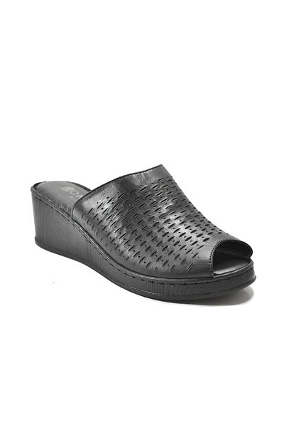 Onlo Ayakkabı Onlo Shoes K-87 Genuine Leather Black & Beige Wedge Heeled Women's Slippers