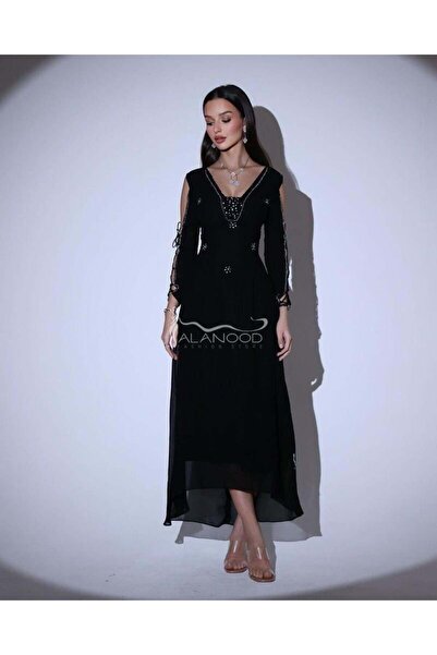ALANOOD FASHION فستان ناعم مطرز كرستال بلون اسود وسكري فخم وانيق عيد 2025